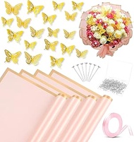 LATERN Pack of 20 Pink Flower Wrapping Paper with Gold Edge, 100 Diamond Bouquet Pins, 60 3D Gold Bu