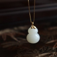 天然羊脂玉葫蘆和田玉吊墜項鏈一級白脂份好18k金鑲嵌葫蘆吊墜