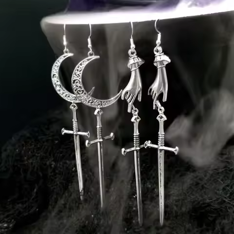 Silver Color Hand Moon Sword Earrings Crescent Mystic Jewelry Weird Goth Fashion Witch Women Gift 20
