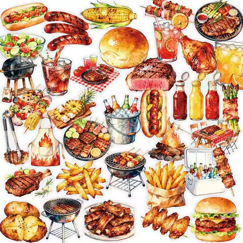 56PCS Barbecue of Meat Transparent Graffiti Stickers Realistic Food PET Cartoon Decal DIY Luggage Ph