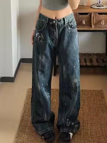 2025 Autumn Winter Women's American Retro Graffiti Denim Pants Y2K Baggy Jean Japanese Harajuku Wide