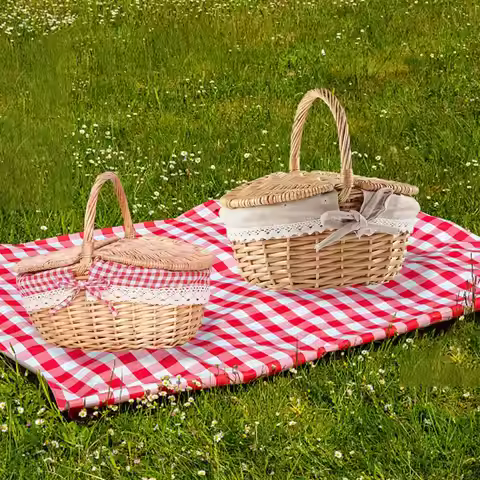Handmade Wicker Picnic Basket With Handle Outdoor Camping Fruit Basket Outdoor Camping Multi-Purpose
