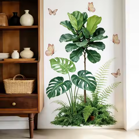 Large Tropical Plant Wall Decals, Monstera Fiddle Leaf Fig Fern with Butterflies, Removable Waterpro