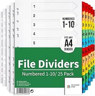 A4 File Dividers - 10 Part Folder Dividers for Ring Binders & Lever Arch Files (25 Pack)