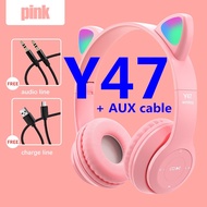 Y47 P47m Wireless Headphones Cat Ear with Mic 【DVK】Bluetooth Headset Cool Glow Light Stereo Bass Lea