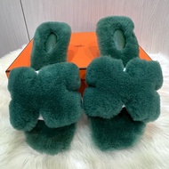 Hermes愛馬仕貴婦綠毛絨H拖鞋（全新閒置品）