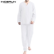 (Homewear) INCERUN บุรุษผ้าฝ้าย100% ชุดนอนชุด V คอชุดนอนชุดนอน