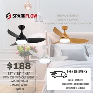 (Installation promo)ceiling fan with light 33/38/48 inch dc motor with 3 tone led light and remote control