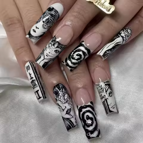 24Pcs Black Acrylic Tomie Anime Nails Japanese Horror Comics Design Press-On Nails Set Wearable Ball
