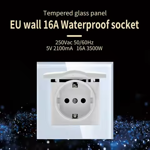 UBARO EU 82*82mm Waterproof IP55 Wall Socket Tempered Glass Panel Power Outlets Round Box Installati