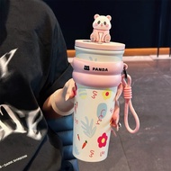 🚚พร้อมส่งจากไทย🚚การ์ตูน แก้ว Panda แก้วน้ำสแตนเลส 304 ขนาด 700 มล. มีหลอดดูด พับเก็บได้ มีที่เก็บฝาห