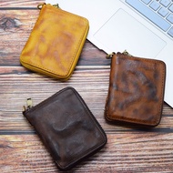 Japanese Men Retro Short Zipper Wallet Multifunctional Vegetable Tanned Leather Vertical Trendy 6BTQ