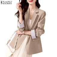 ZANZEA Women Korean Long Sleeves Turn-Down-Collar Stripe Patchwork Blazer