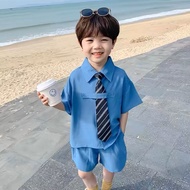 Boy Suit Small Children's Clothing 2024 Children's Handsome Shirt Baby Short-Sleeved British Handsom