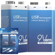 9V 1000mAh Rechargeable Batteries 2 Pack - 9 Volt Lithium Battery with Charger 2-in-1 USB-C 6F22 6LR