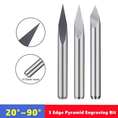 10pc Milling Cutter 3 Edge Pyramid Engraving Bit 3.175mm（1/8） Shank 20/30/40/45/60/90 Degrees CNC Ro