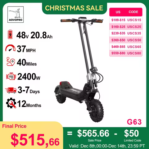 AOVOPRO G63 Electric Scooter 11 inch Off road 2400W Foldable 28mph Max Speed 60-75KM Max Range Elect