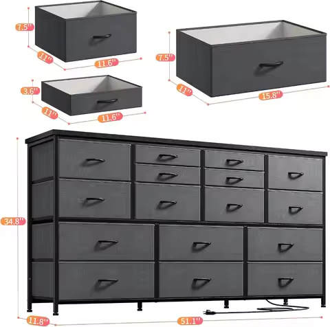 51" TV Stand Dresser, 16 Drawers, 3 Outlets 2 USB, 374LBS, Grey
