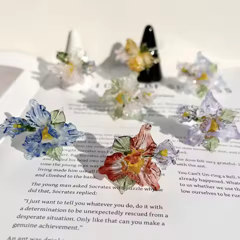 1pc High Quality Fashion Glaze Iris Flower Glass Rings for Women Charm Transparent Crystal Flower Ri