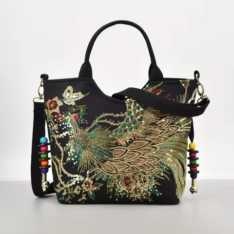 Phoenix Embroidered Sequin Handbag, Ethnic Style Embroidered Handbag, Women's Ethnic Travel Bohemian