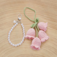 1pc Handmade Crochet Lily Of The Valley Keychain With Pearl Chain, Boho Style Bag Charm, Decorative 