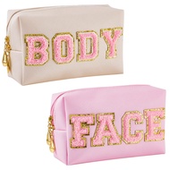 2 Pcs Preppy Makeup Bags Chenille Letter Patch Bag Face Skin Hair Stuff Aesthetic Cosmetic Bag Trave