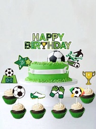 17入組足球主題設計蛋糕插裝,杯子蛋糕裝飾供兒童假日生日派對使用