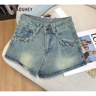 DaDuHey Woven Pocket Decoration Super a Distressed Shorts New Hot Girl High Waist Sexy Slim Fit Deni