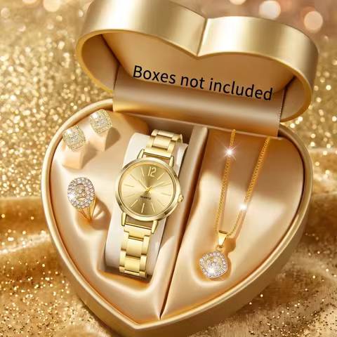 5Pcs/Set Unisex Jewelry Watches Women's Wristwatch Accessories Gold Fashion Business Elegant Trendy 
