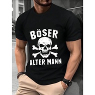 Men'S Stylish T-Shirt, Round Neck Knitted Top, Featuring a Skull Pattern Print And The German Phrase