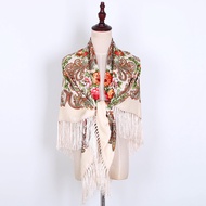 Russian Style Muslim Autumn And Winter Warm Shawl Ethnic Print Tassel Square Scarf Travel Baotou Fem