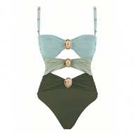 ชุดว่ายน้ำวันพีซของผู้หญิง Polovedo Official ที่มีการตัดเปิดและโทนสีคอนทราสต์