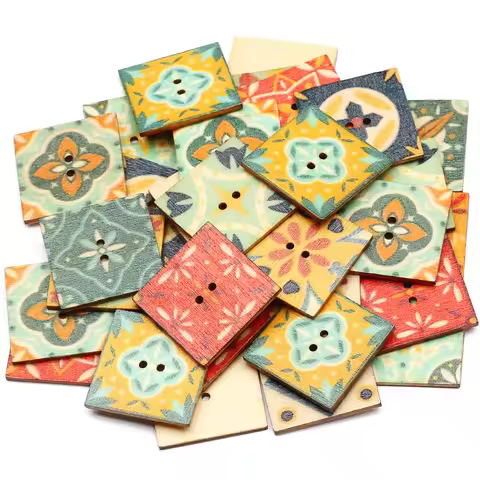 50pcs 25mm Vintage Pattern Mixed Wooden Buttons Square 2 Hole Sewing Button for Clothing Scrapbookin