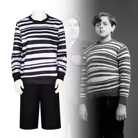 Movie Pugsley Costume Boys Black and White Striped Shirt Wednesday Family Dress Gothic Cosplay Hallo