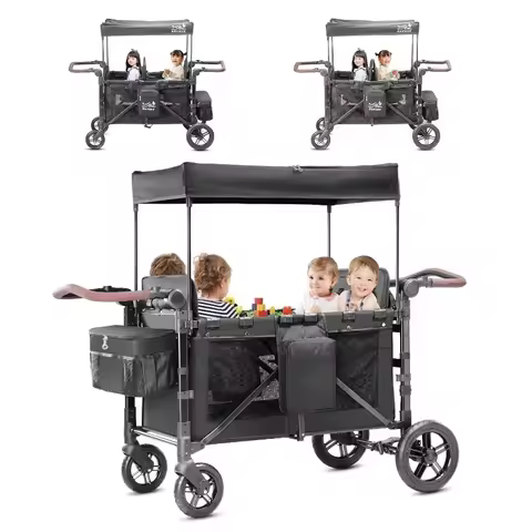 2025 4 Seater Wagon Stroller,Foldable All-Terrain Quad Wagon Stroller with Canopy,Detachable Tray,Ad