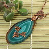 Green Agate Slice Slab Copper Acorn Oak Leaf Pendant Necklace Jewelry Gift Gift