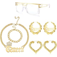 HAIAISO 80s/90s Hip Hop Queen Costume Kit Sunglasses Bamboo Hoop Earring Cuban Chain Necklace Bracel