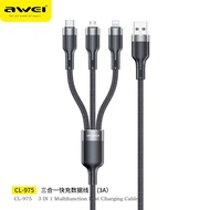 Awei CL-971 Nylon braid 3 In 1 Quick Fast Charging cable QC 3.0A with Multicolor Lighting Type-C Mic