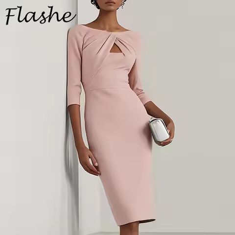 Elegant Women Dress O Neck 3/4 Sleeve Slim Bodycon Dresses For Women Spring Summer Office Dress Lady