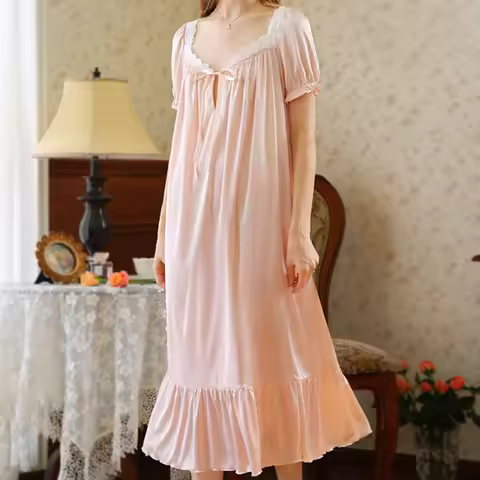 Female Sleepwear Fairy Ruffles Silk Princess Nightgowns Summer French Sweet Women Vintage Princess L