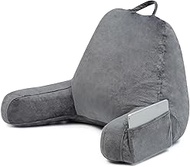 FZZOR Reading Pillow for Sitting in Bed Adult Kids Standard Size with Arms and Side Pocket, Shredded Memory Foam Back Support Rest Pillows for Sitting Up in Bed, Grey Bedrest Chair Pillow