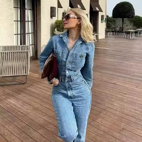 Autumn Denim Jumpsuit for Women Overalls Woman Jean Overalls Long Sleeve Elegant Jumpsuits Y2k Stree