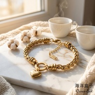 ☆§ Ocean Box §☆Braided Rope Loop Buckle Dangling Heart Gold Titanium Steel Bracelet KN89