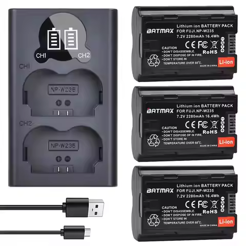 3Pcs NP-W235 NP W235 2280 mAh Lithium-Ion Battery + LCD USB Dual Charger with Type C Port for Fujifi