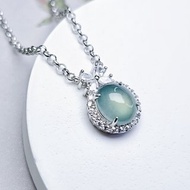 |財富女神|A貨翡翠冰玻藍水起膠大蛋面9mm純銀鍍18k精緻加粗項鍊