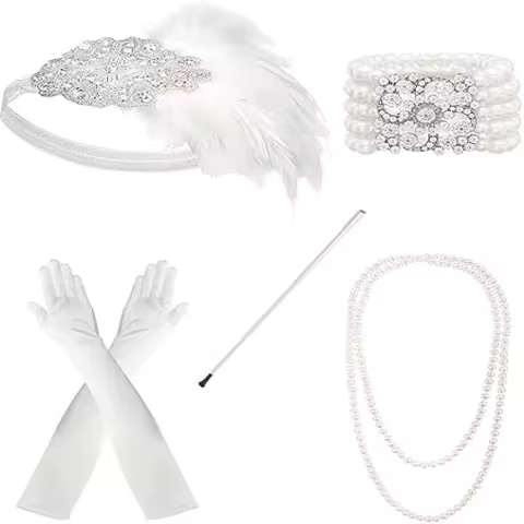 PESENAR 5 Piece White 1920s Costume and Accessories Set, Suitable for 1920s Themed Party and Cosplay
