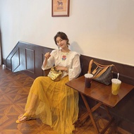 S0J1 Korean Gentle Pleated Irregular Gauze A-Line Skirt - Women's Long Skirt