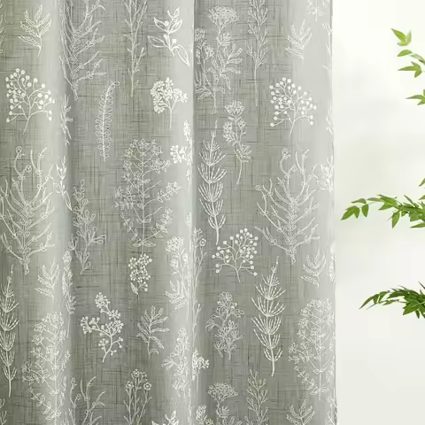 Green Botanical Linen Shower Curtain Extra Long 84 Inches Long, Spring Summer Boho Plants Leaves Tex