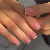 24pcs Press-On Nail Stickers, Short Square Shape, Cute & Minimalist, Mousse Pink Nails, White French