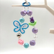 Tali ponsel gaya INS Korea rantai manik kristal warna-warni + liontin anyaman bunga kucing lucu tali